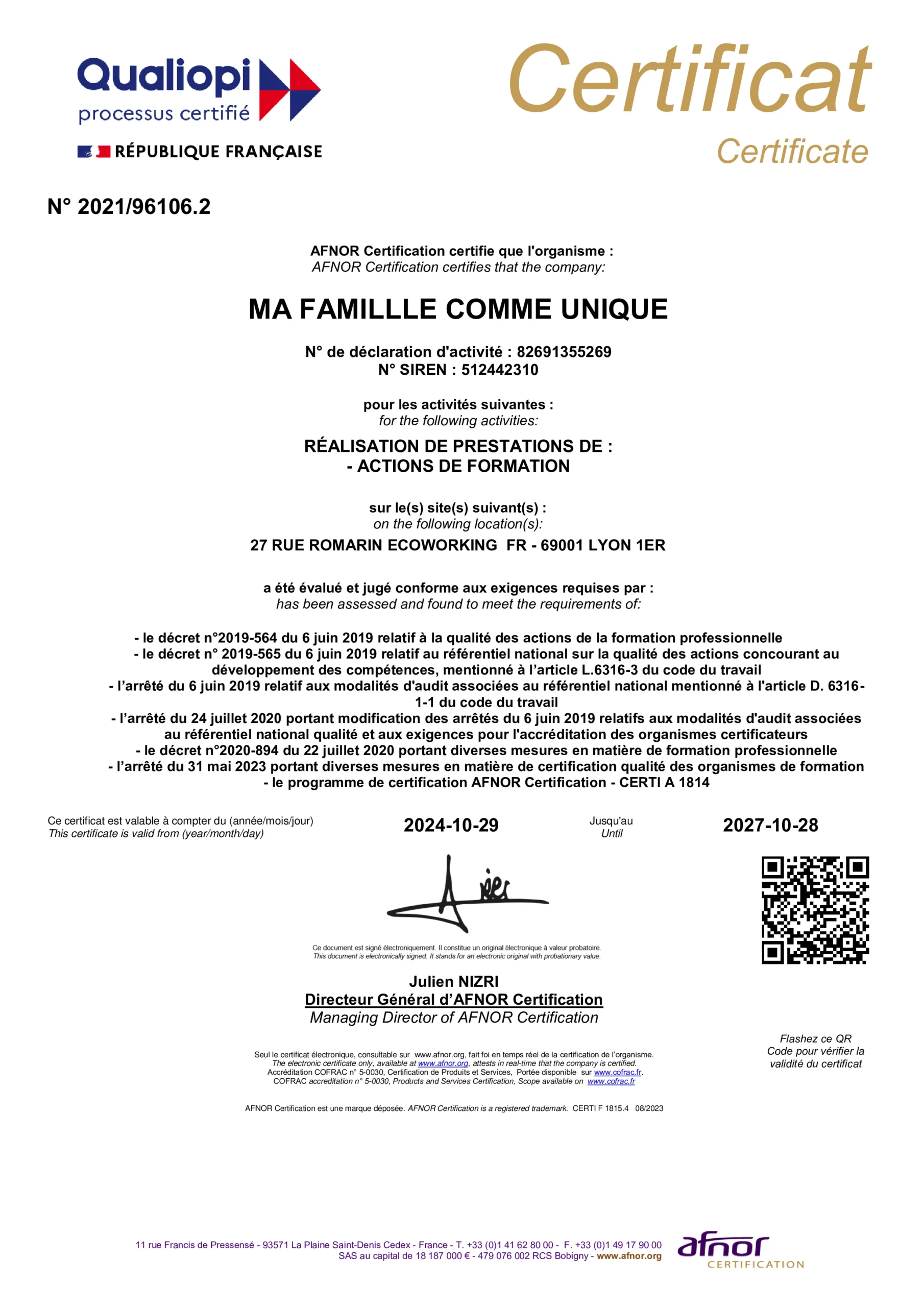 Qualiopi Ma famille comme unique